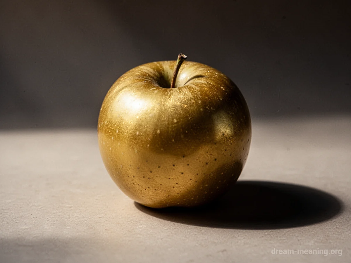 A golden apple casting a long, distorted shadow.