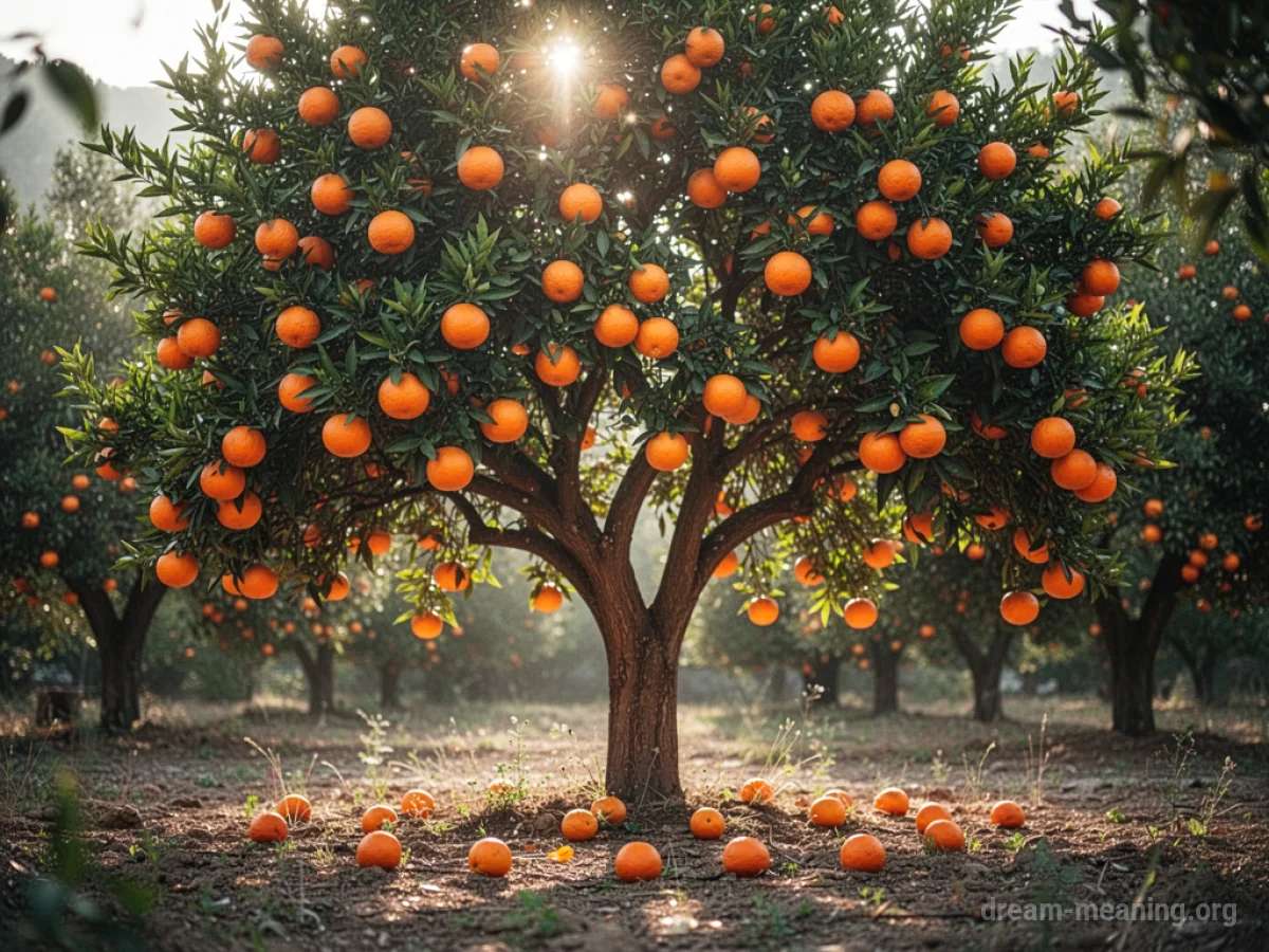 An orange tree heavy with fruit and green leaves, with sunlight shining on it.