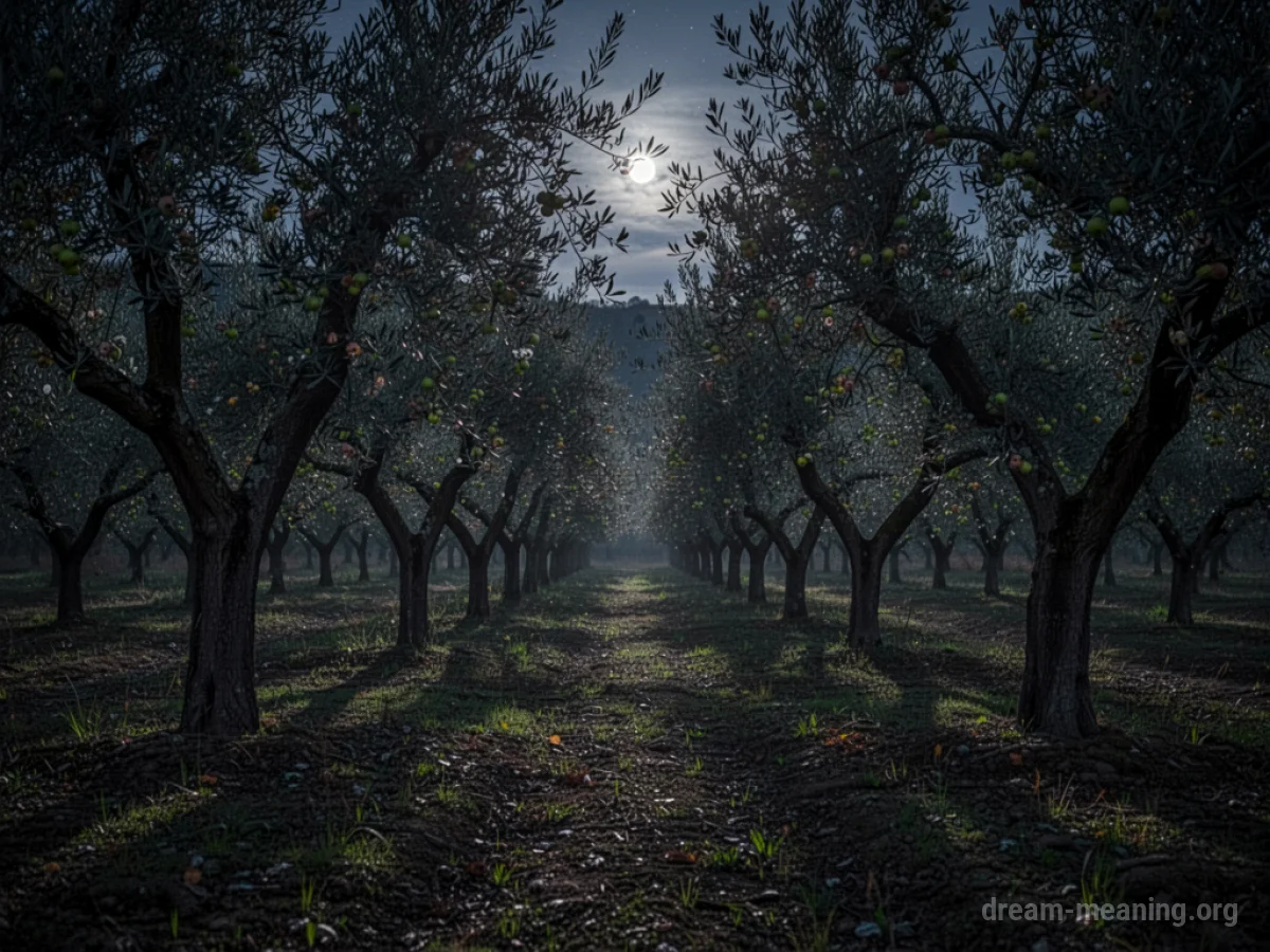 A silhouette of trees in an orchard under a dark night sky.