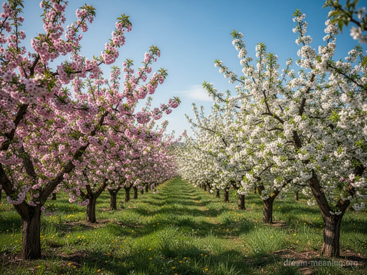 Trees in an orchard covered in pink and white flowers.