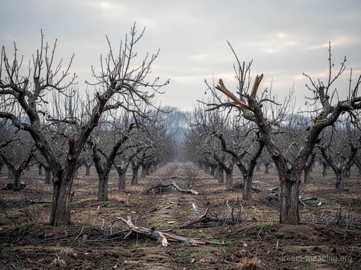 A field of leafless, barren trees in an orchard.