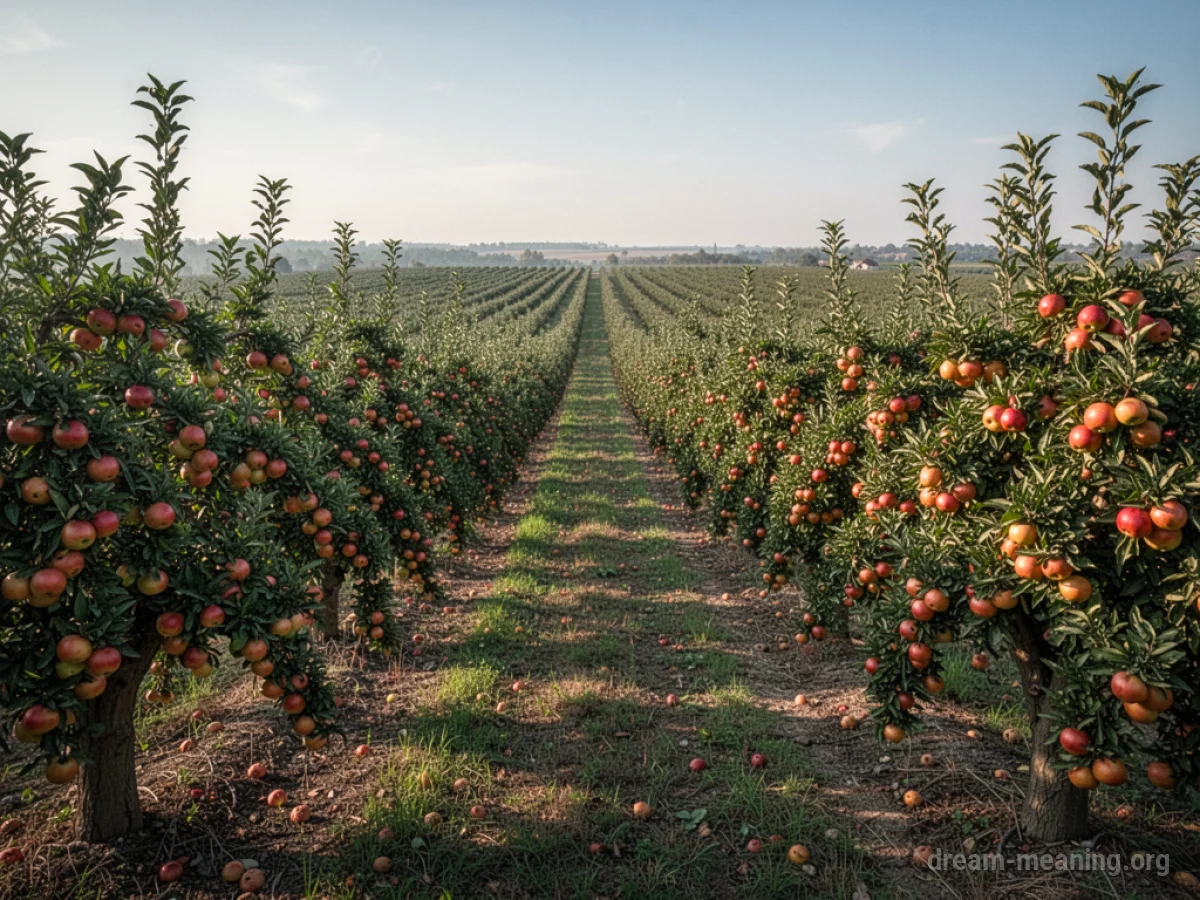 A vast orchard landscape filled with fruit-bearing trees.