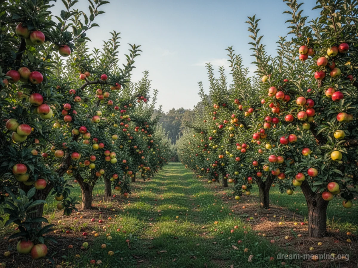 A vibrant orchard with many trees bearing ripe fruit.