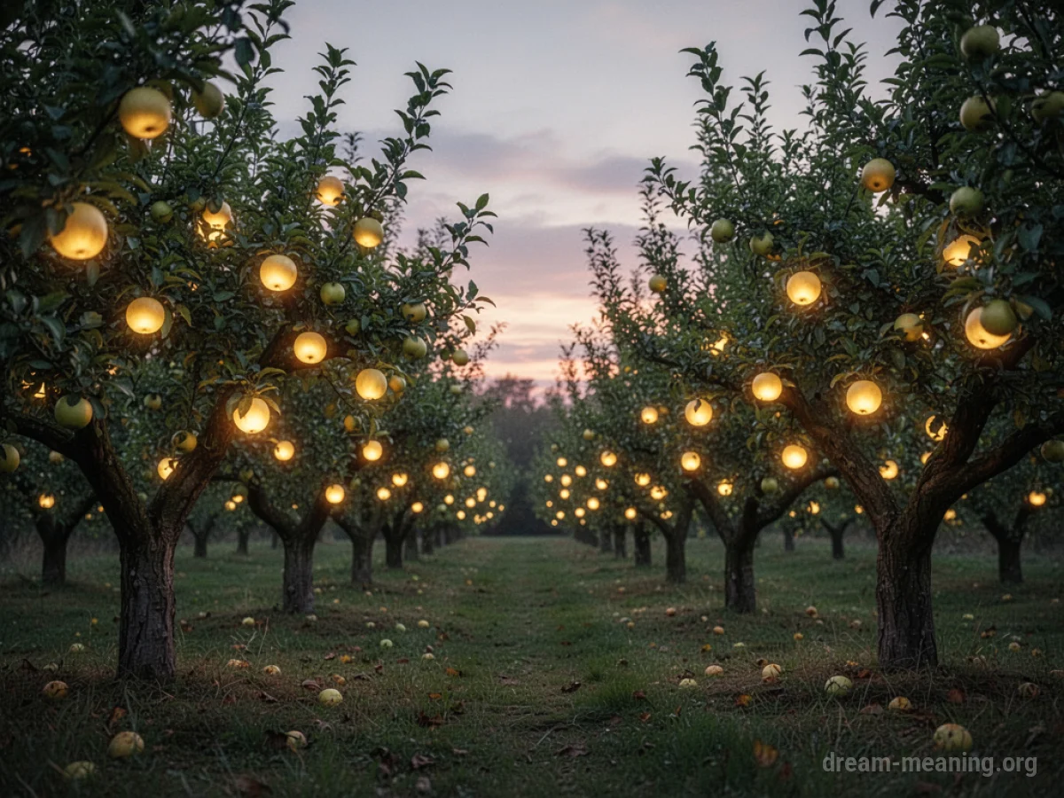 Trees in an orchard with fruit emitting a gentle light.