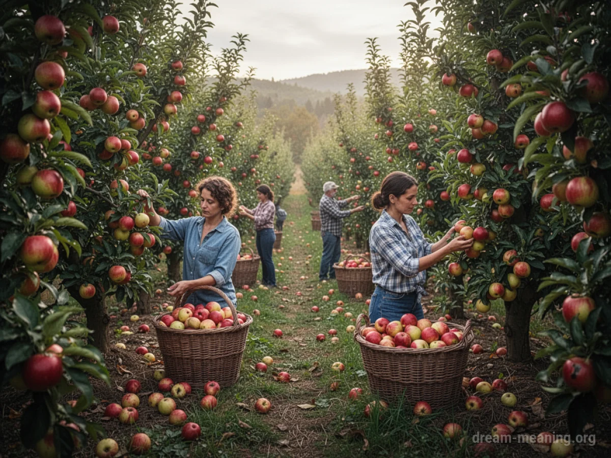 People picking ripe fruit from trees in a sunlit orchard.