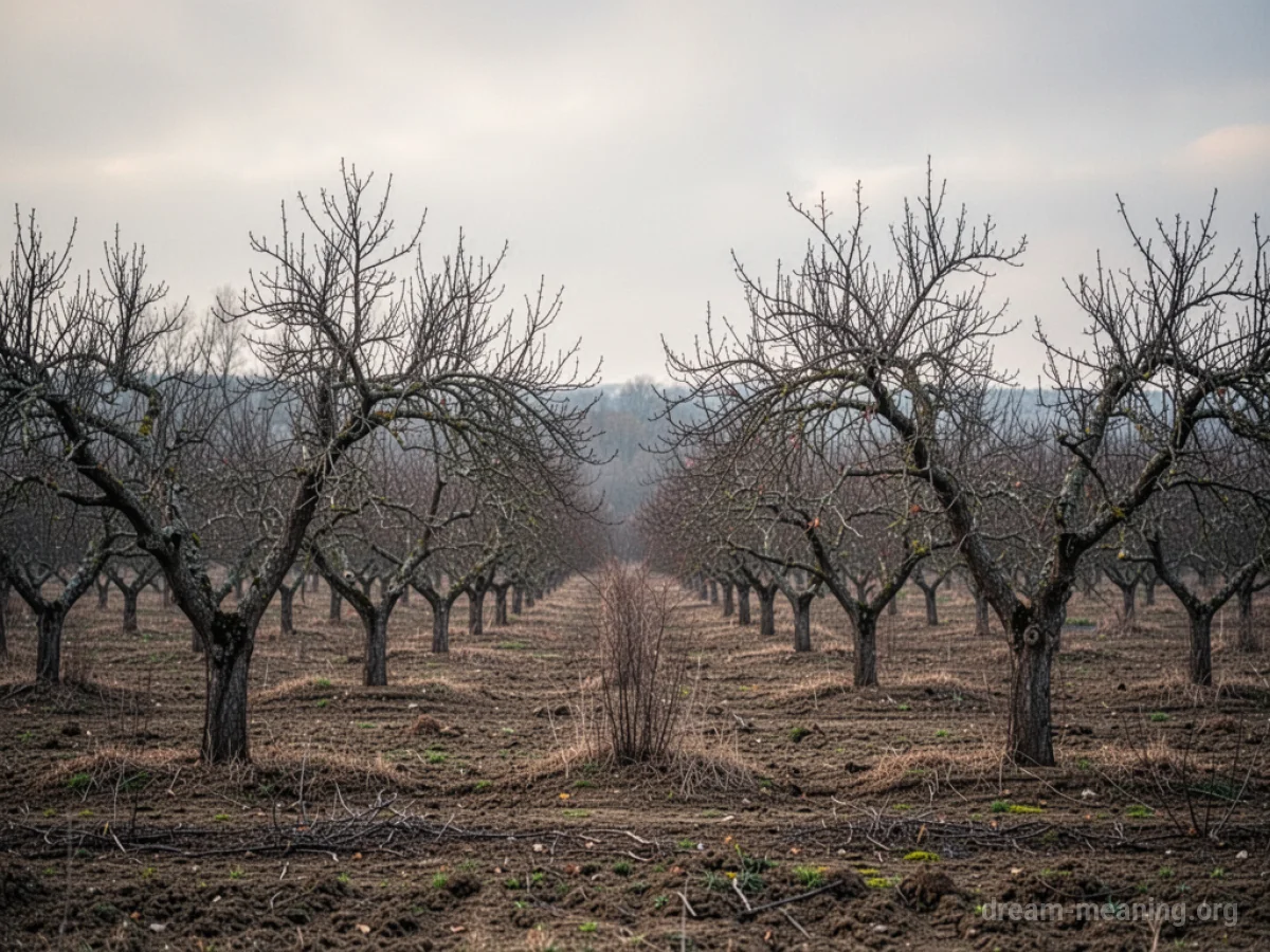 Leafless trees in an orchard under a cloudy sky.