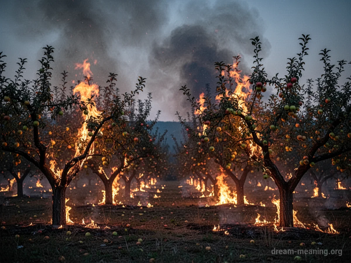A landscape of fruit trees burning intensely at night.
