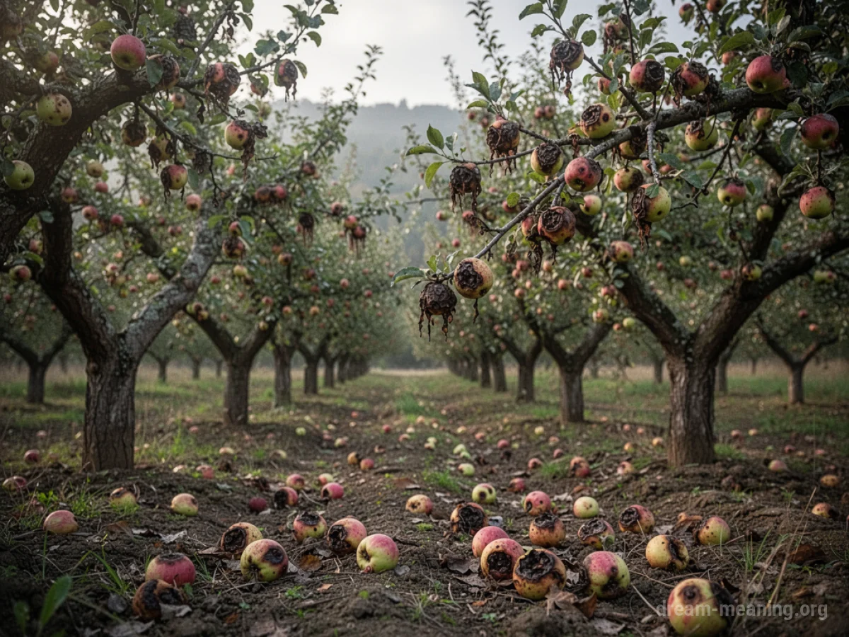 Trees in an orchard laden with fruit, much of which is visibly bruised, moldy, or decaying.