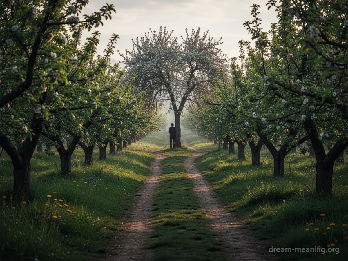 A silhouetted figure stands in a distant orchard.