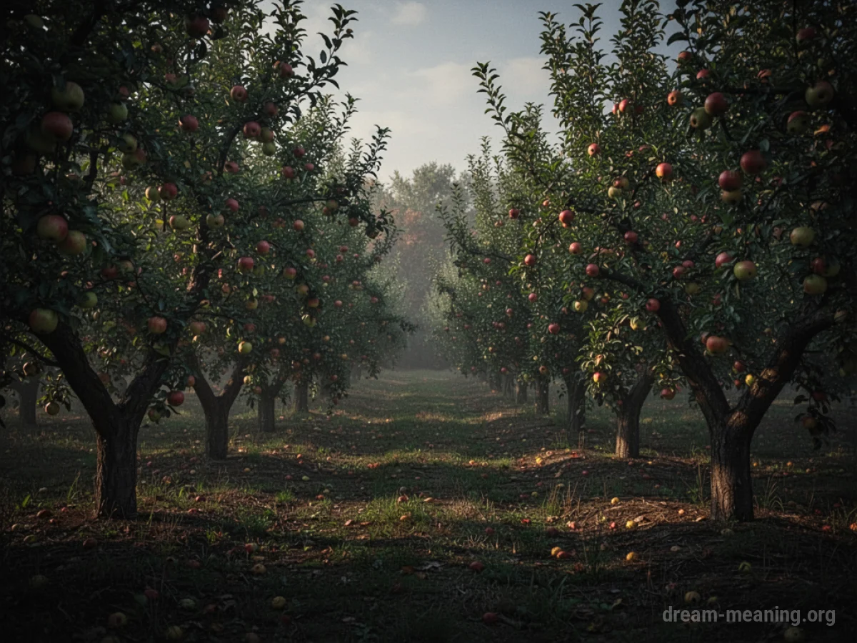 An orchard landscape being consumed by encroaching darkness.