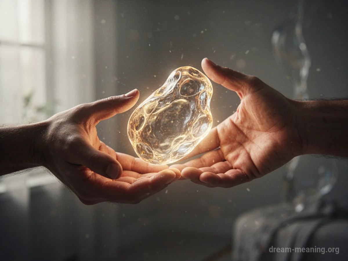 Abstract illustration of one hand passing a luminous object to another hand.