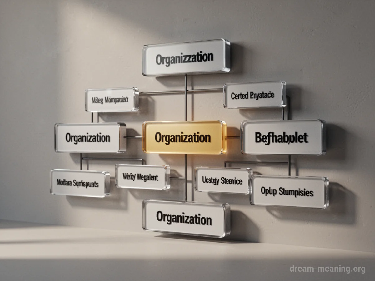 A 3D organization chart with interconnected boxes.
