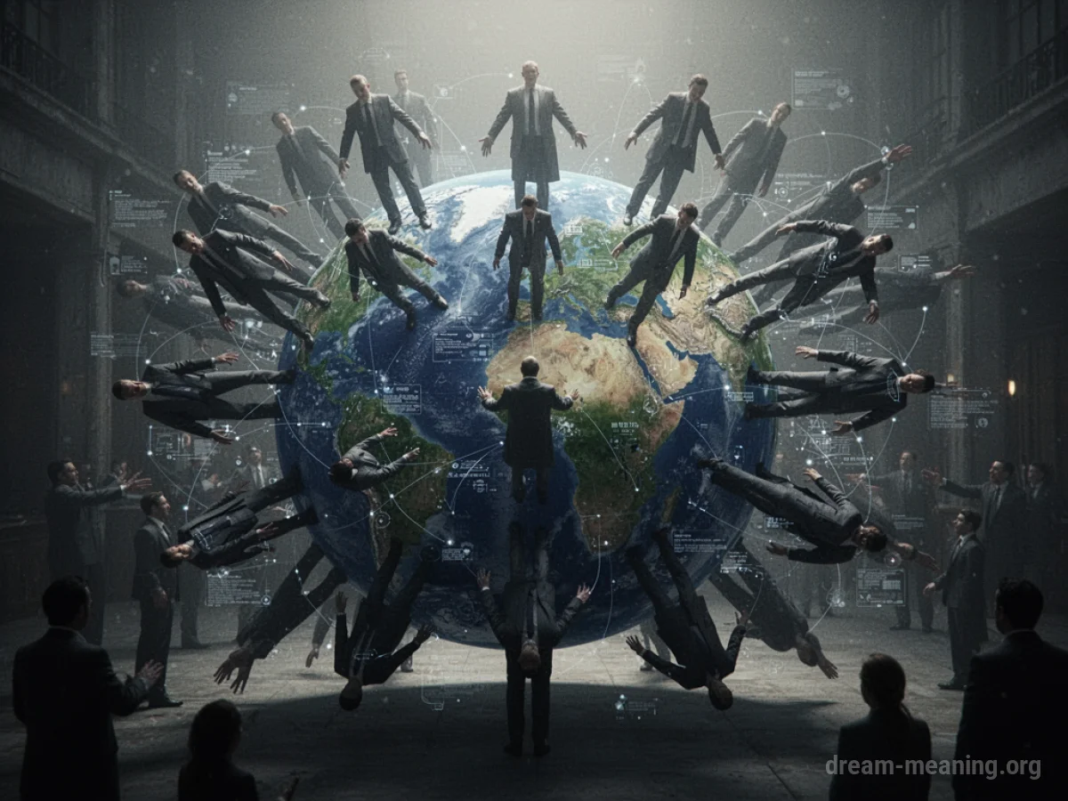 Shadowy organization with many arms extending over a globe.