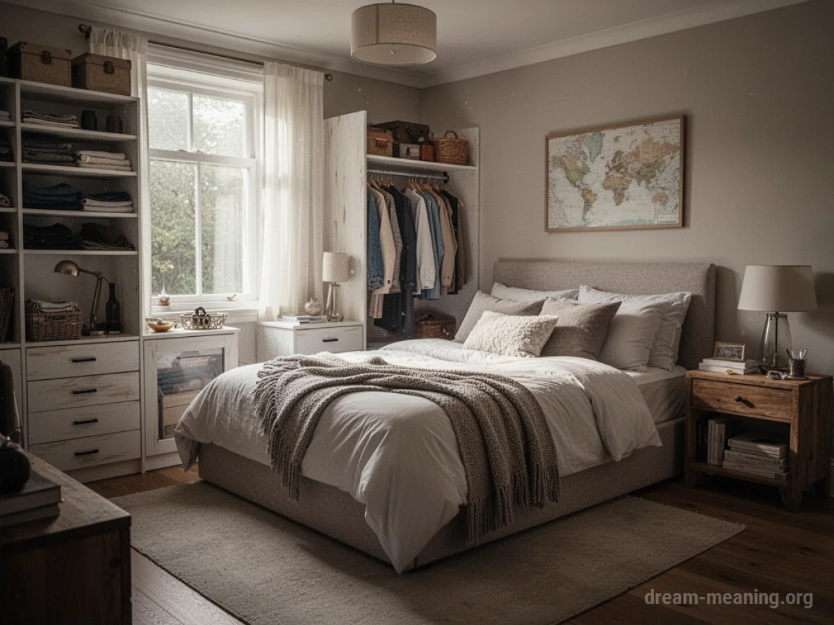 A bedroom interior with furniture neatly arranged and items placed in orderly fashion.
