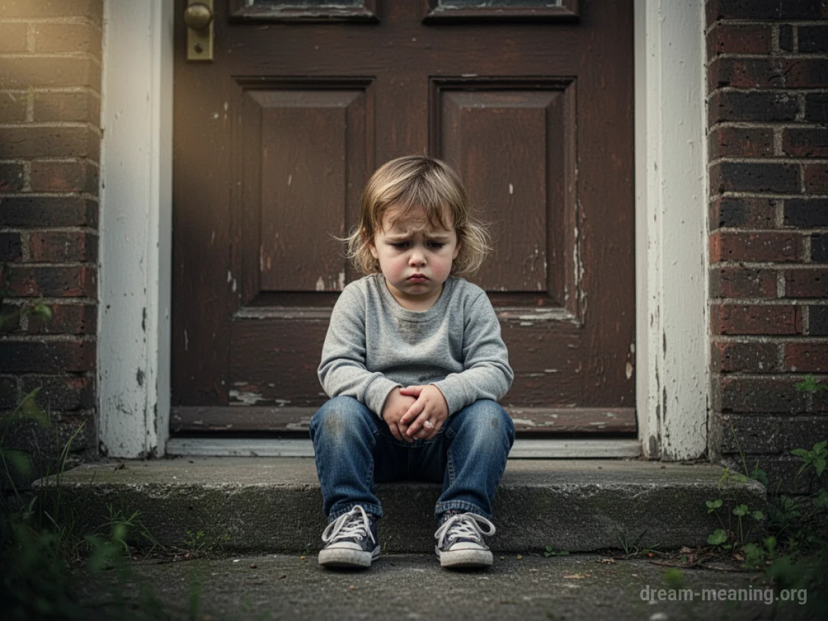 A child sits alone on a doorstep with a sad expression.
