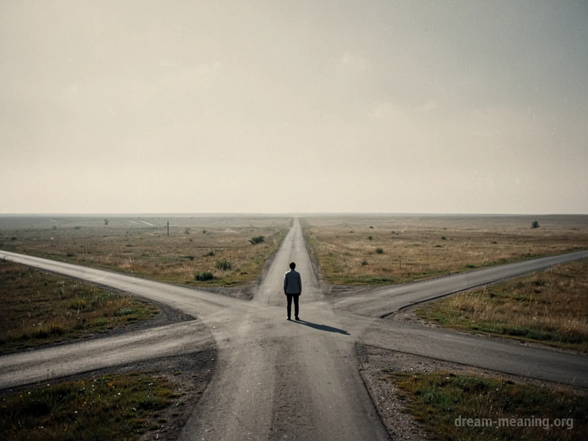 A lone silhouette stands at a crossroads with diverging paths.
