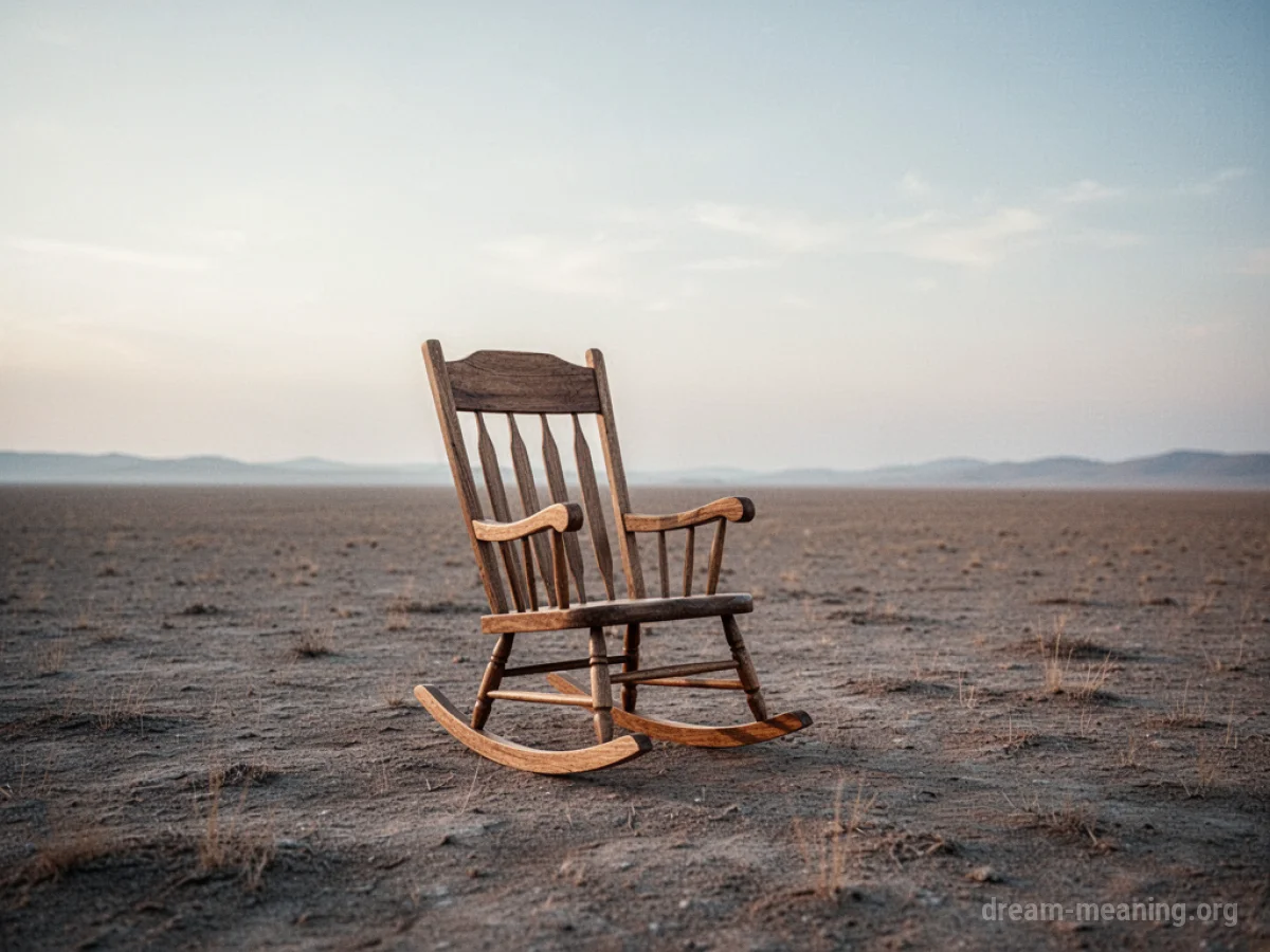 An empty wooden rocking chair sits alone on a flat, barren landscape.