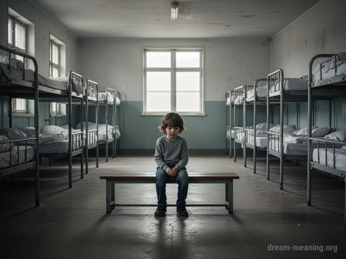 A solitary child sits on a wooden bench in a large, bare room with many empty beds.