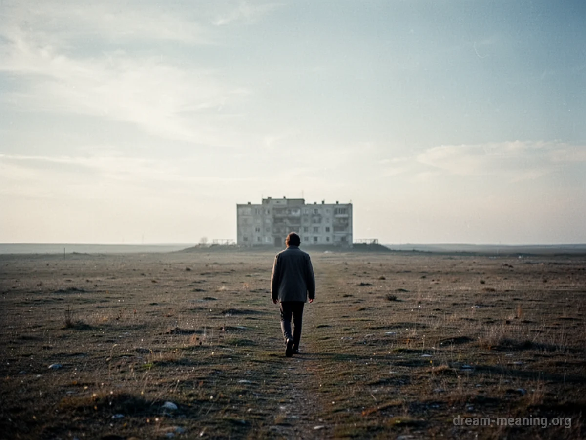 A single person walking away from a building into a wide, open field.