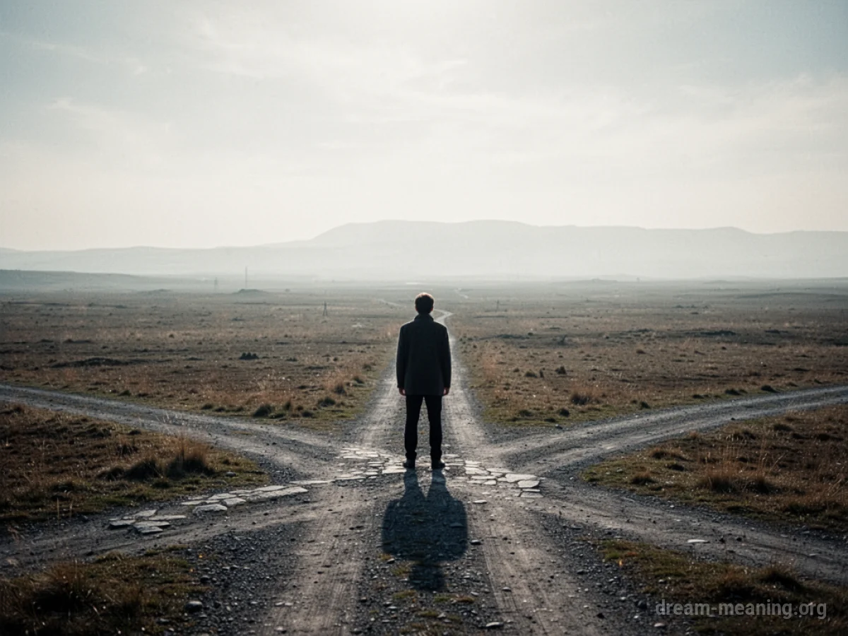A lone silhouette stands at a crossroads in a desolate landscape.