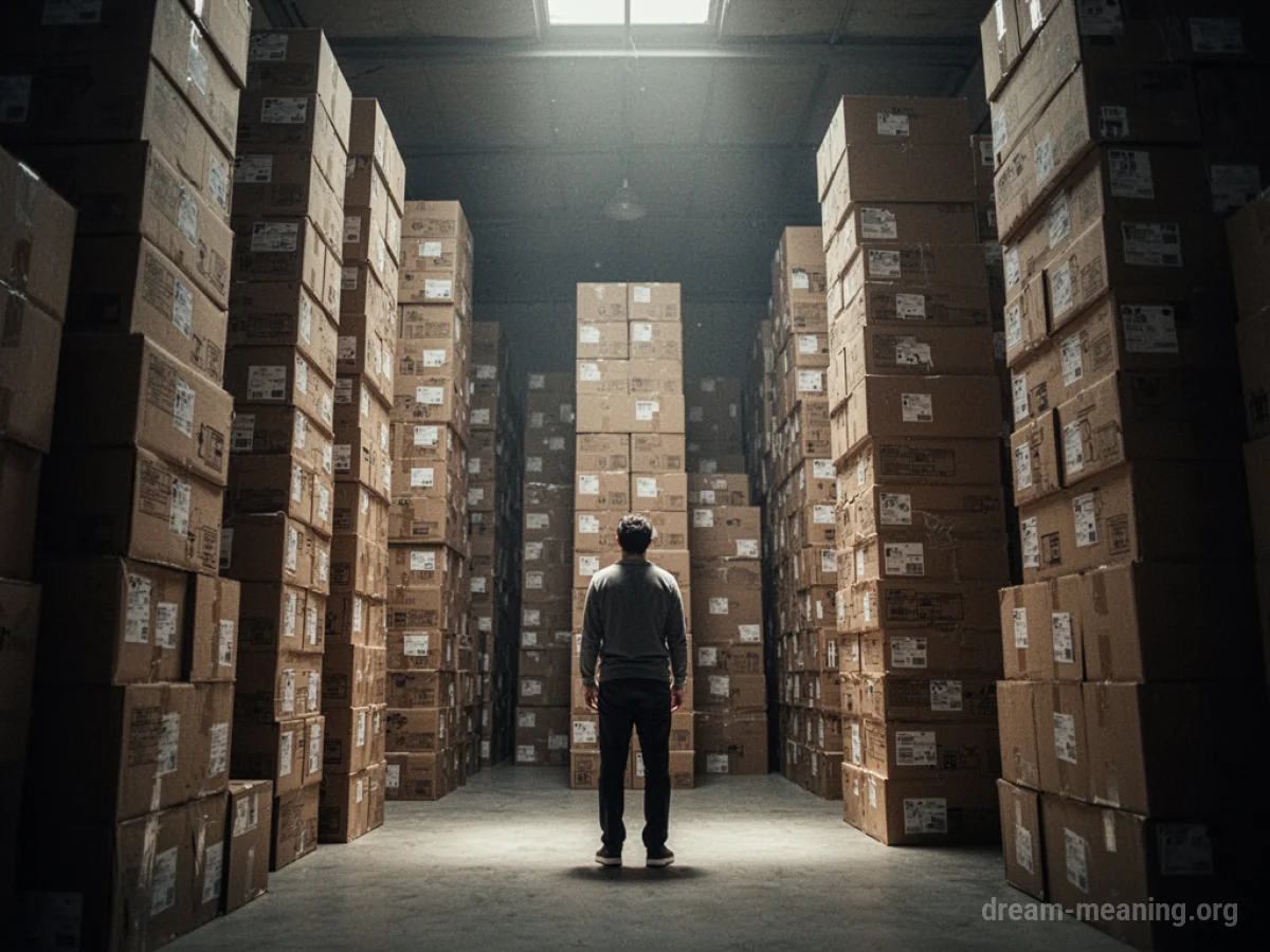 A person stands small next to excessively tall stacks of uniform boxes.