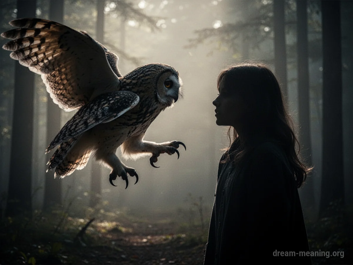 Silhouette of an owl swooping towards a person's silhouette.