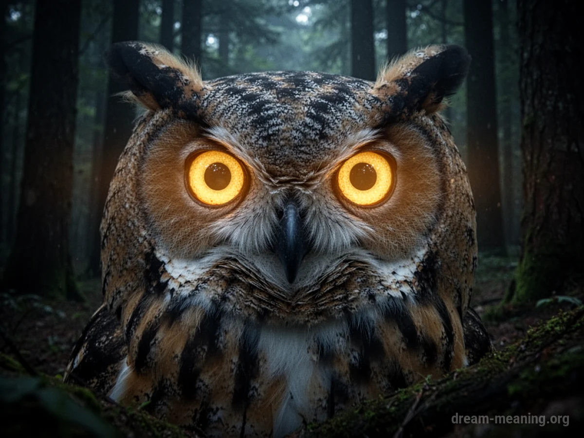 An owl's eyes glowing brightly in the dark.