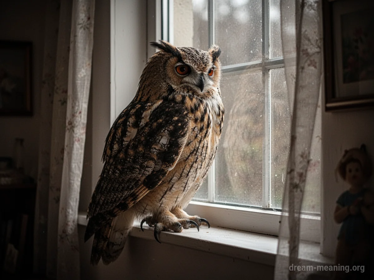 An owl sits on a windowsill inside a house.