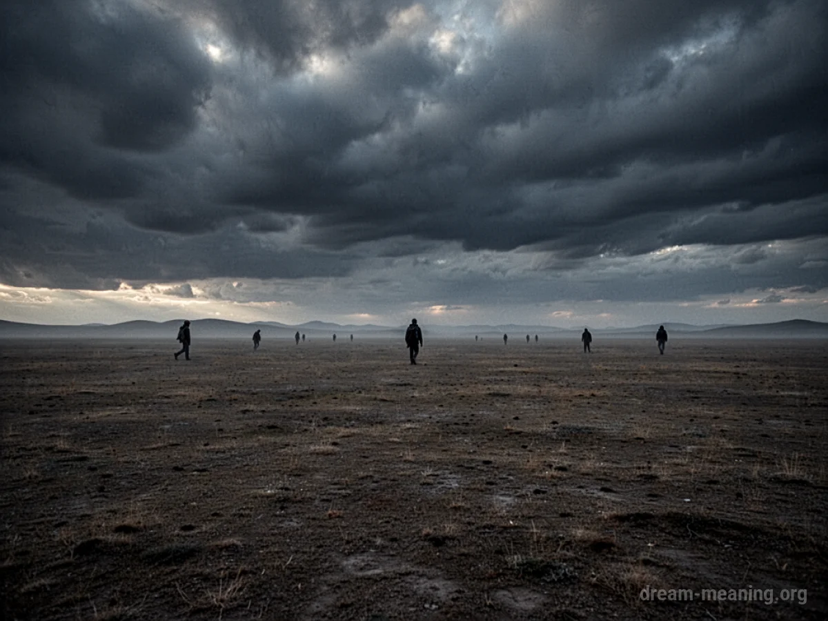 Distant figures in a desolate landscape under a stormy sky.