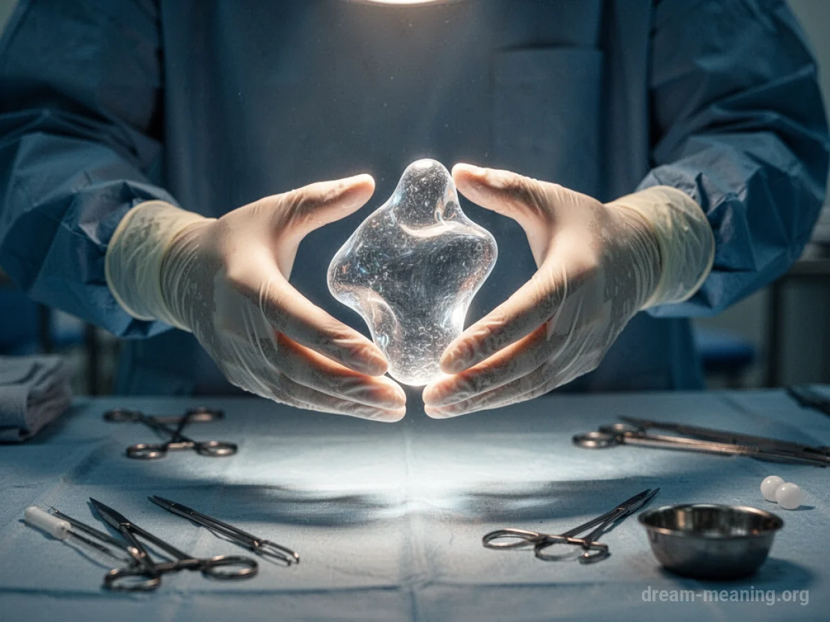 Hands in surgical gloves holding a luminous object.