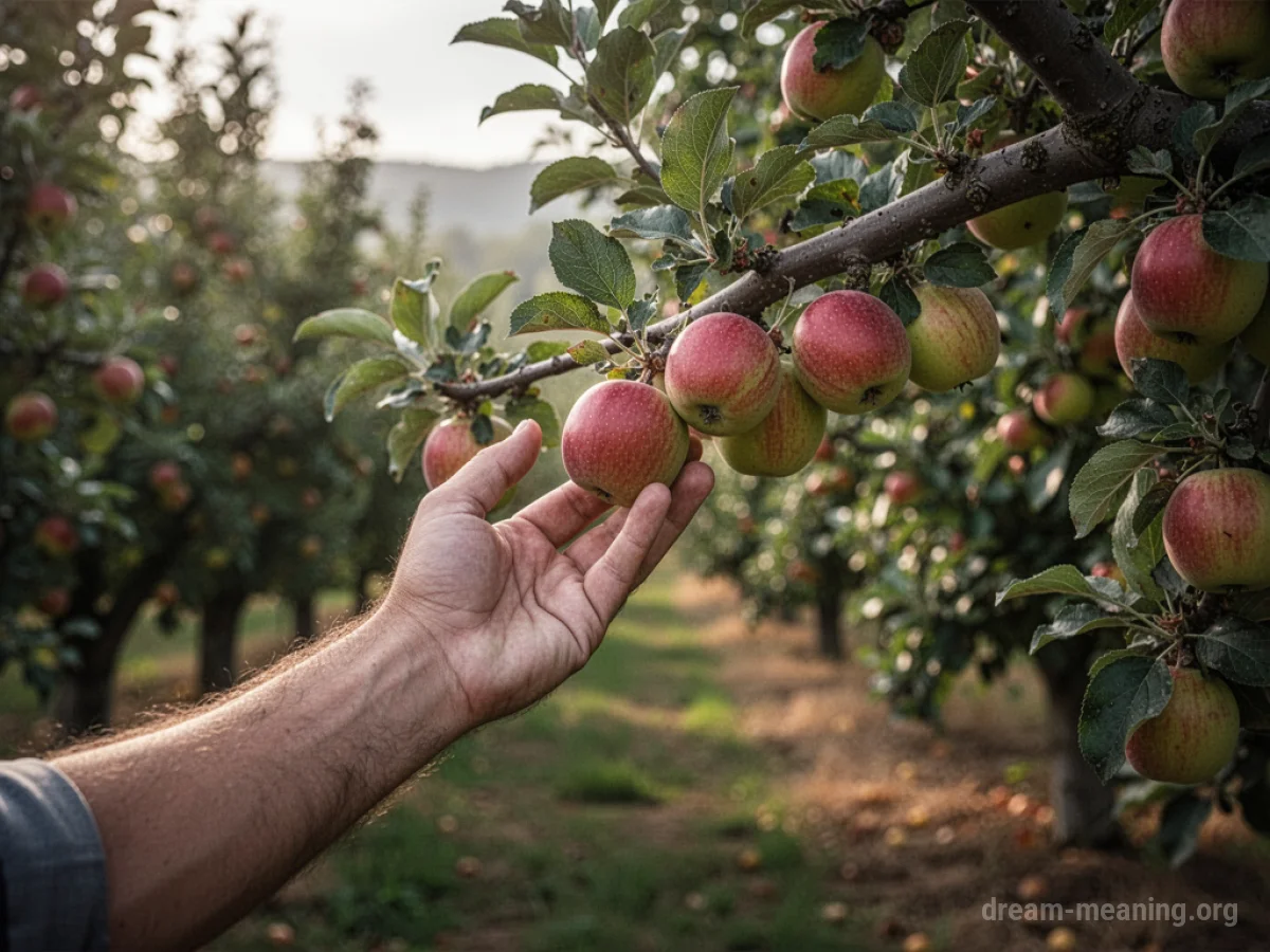 A close-up of a person's hand reaching for a piece of fruit on a tree.
