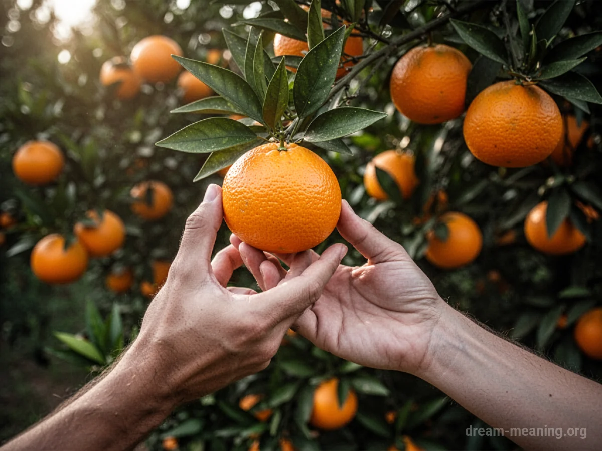 A hand reaching for a bright orange fruit on a tree.