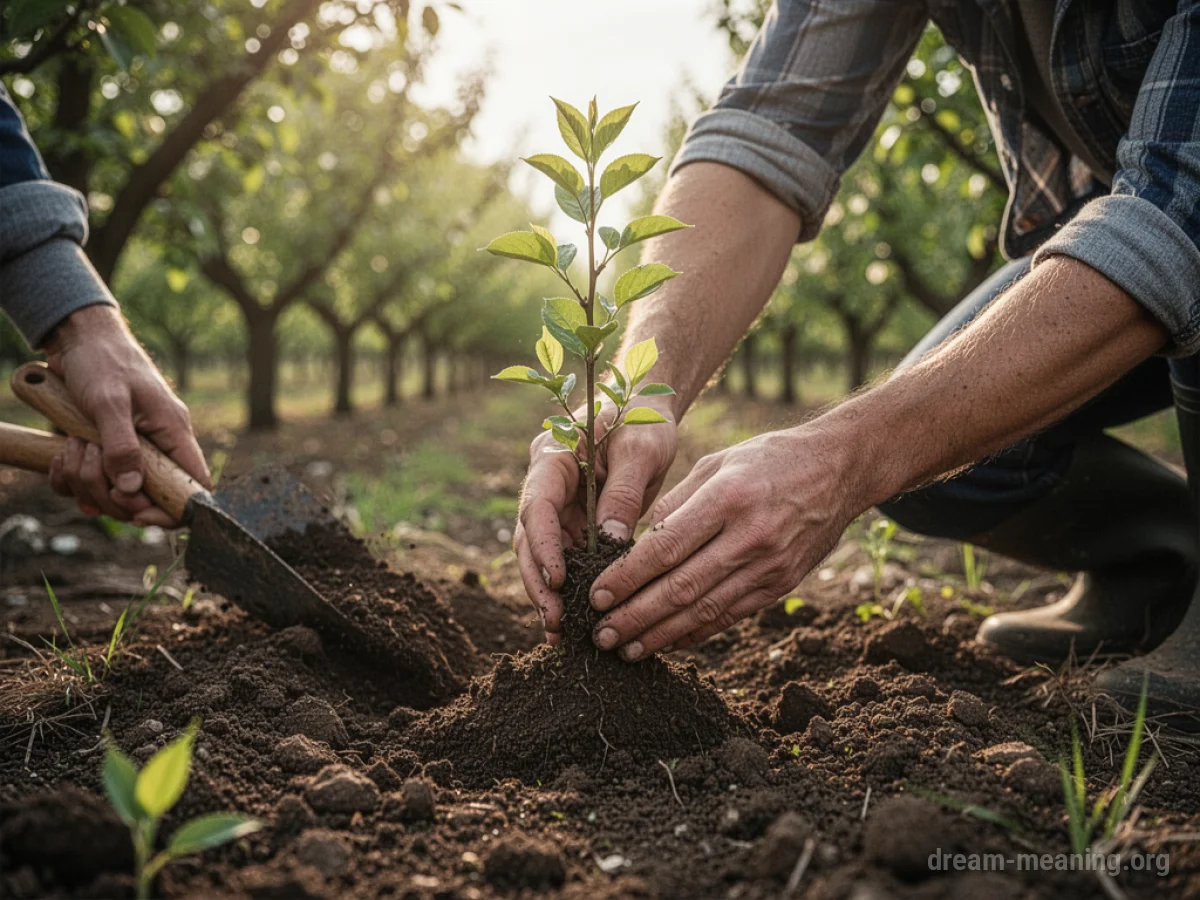 Hands planting a small tree in a field of trees.