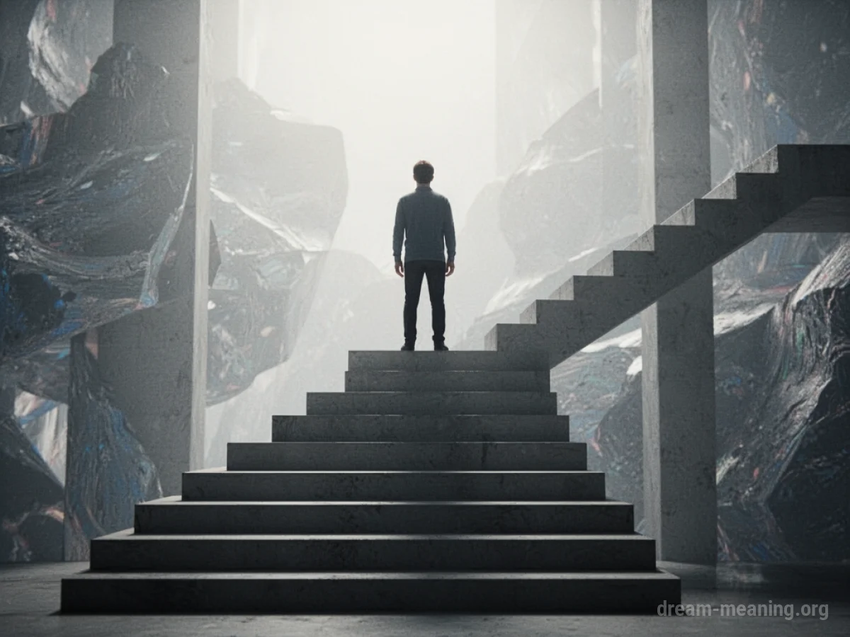 Silhouette of a person standing on the highest step of a staircase.