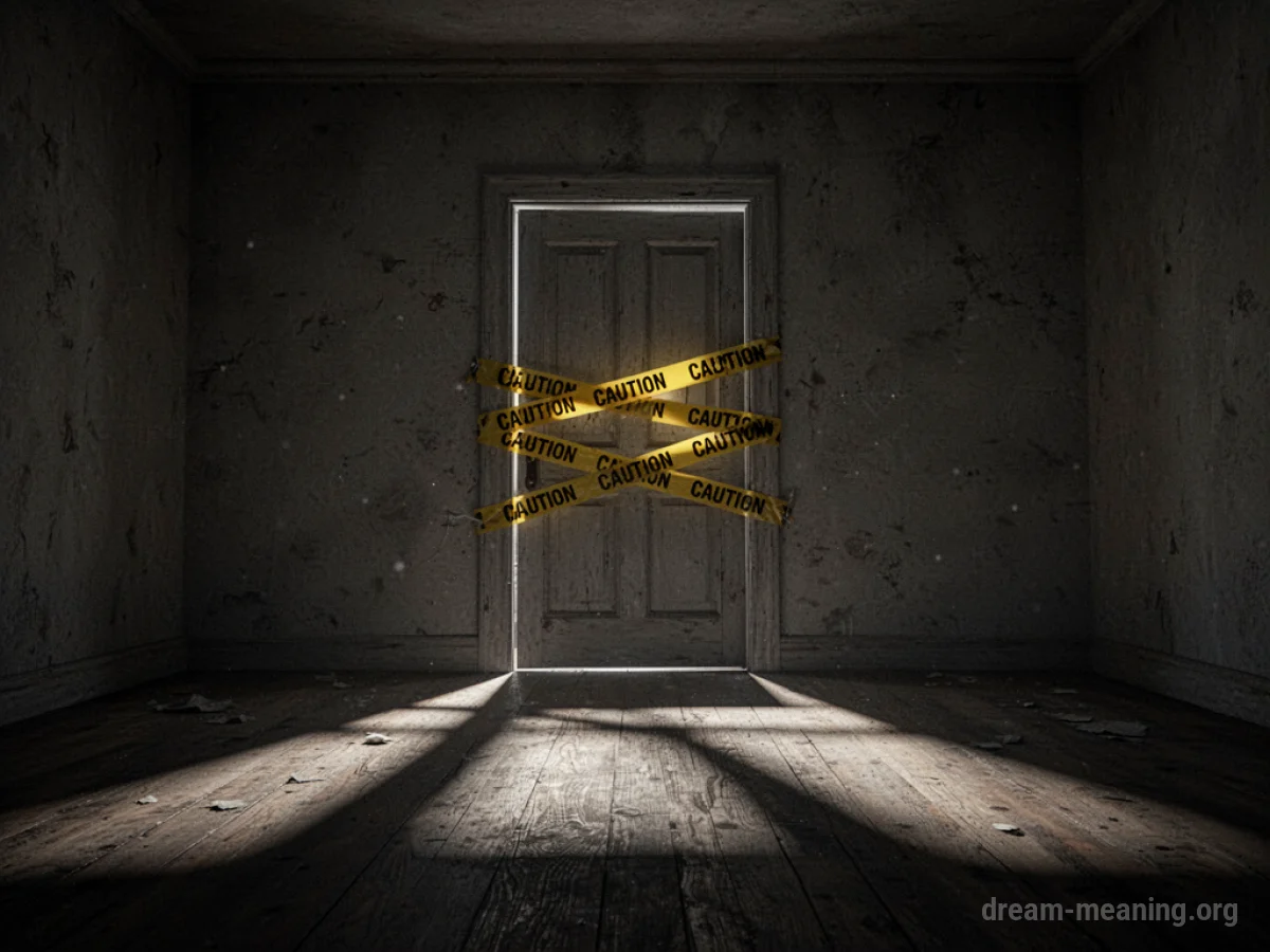 A sealed door with yellow caution tape in a dark room.
