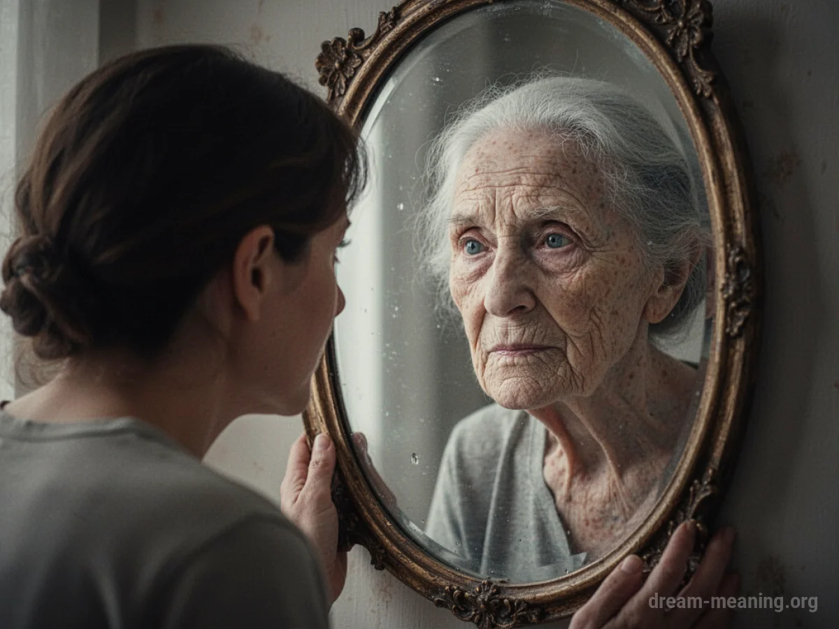 A person's reflection in a mirror shows an aged face.
