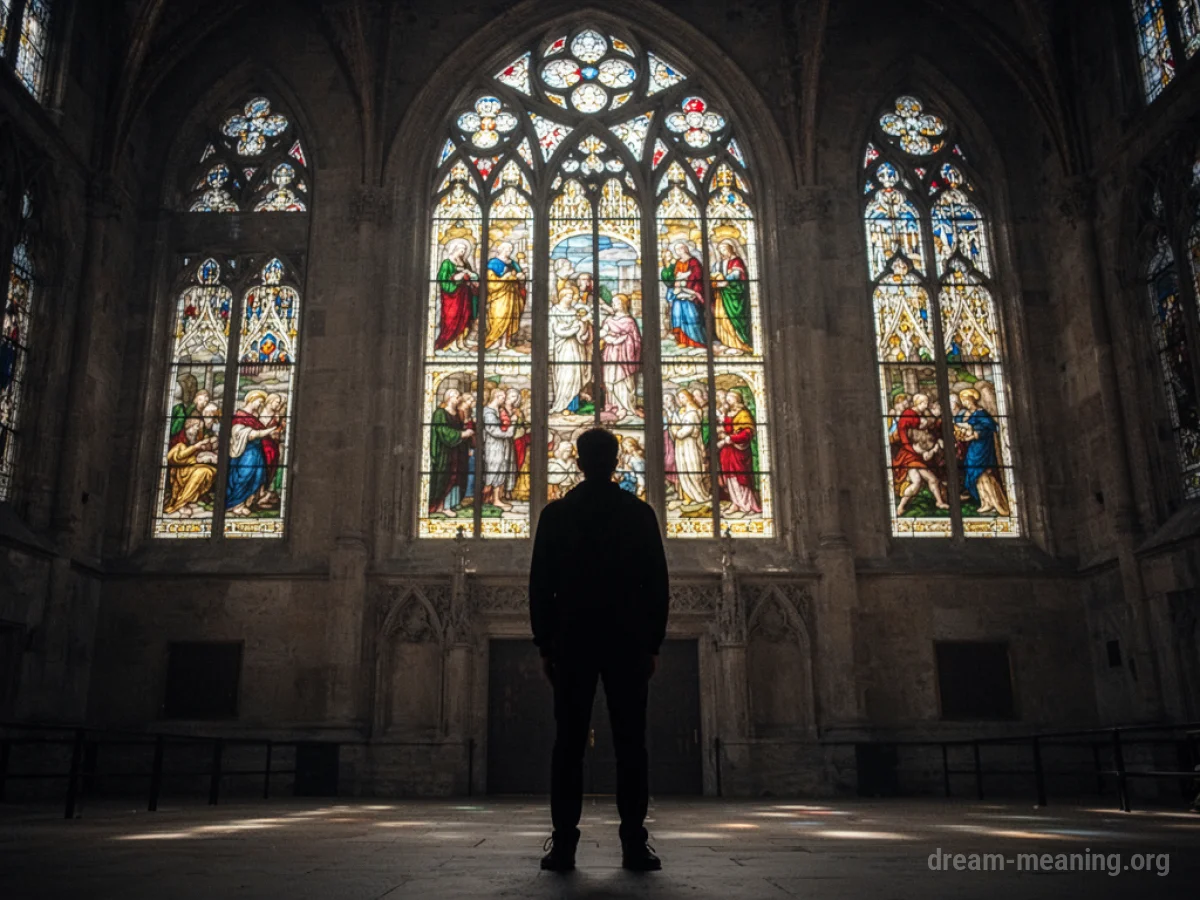 Silhouette of a person facing a grand building with stained glass.