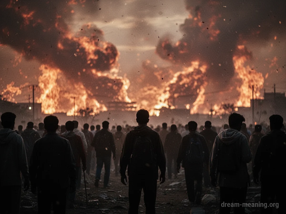 Silhouette of a crowd with a fiery, chaotic sky in the background.