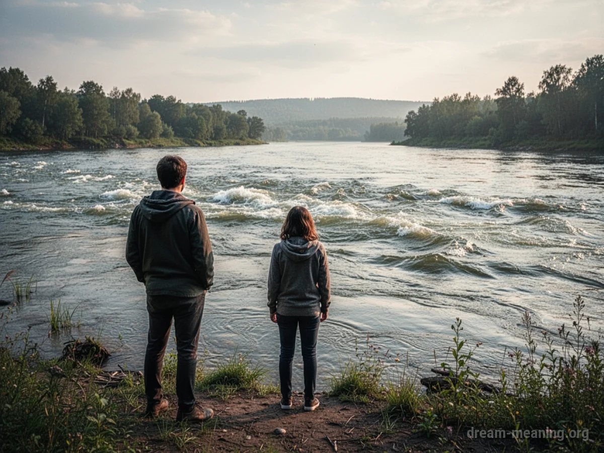 A person views a wide, turbulent river from its bank.