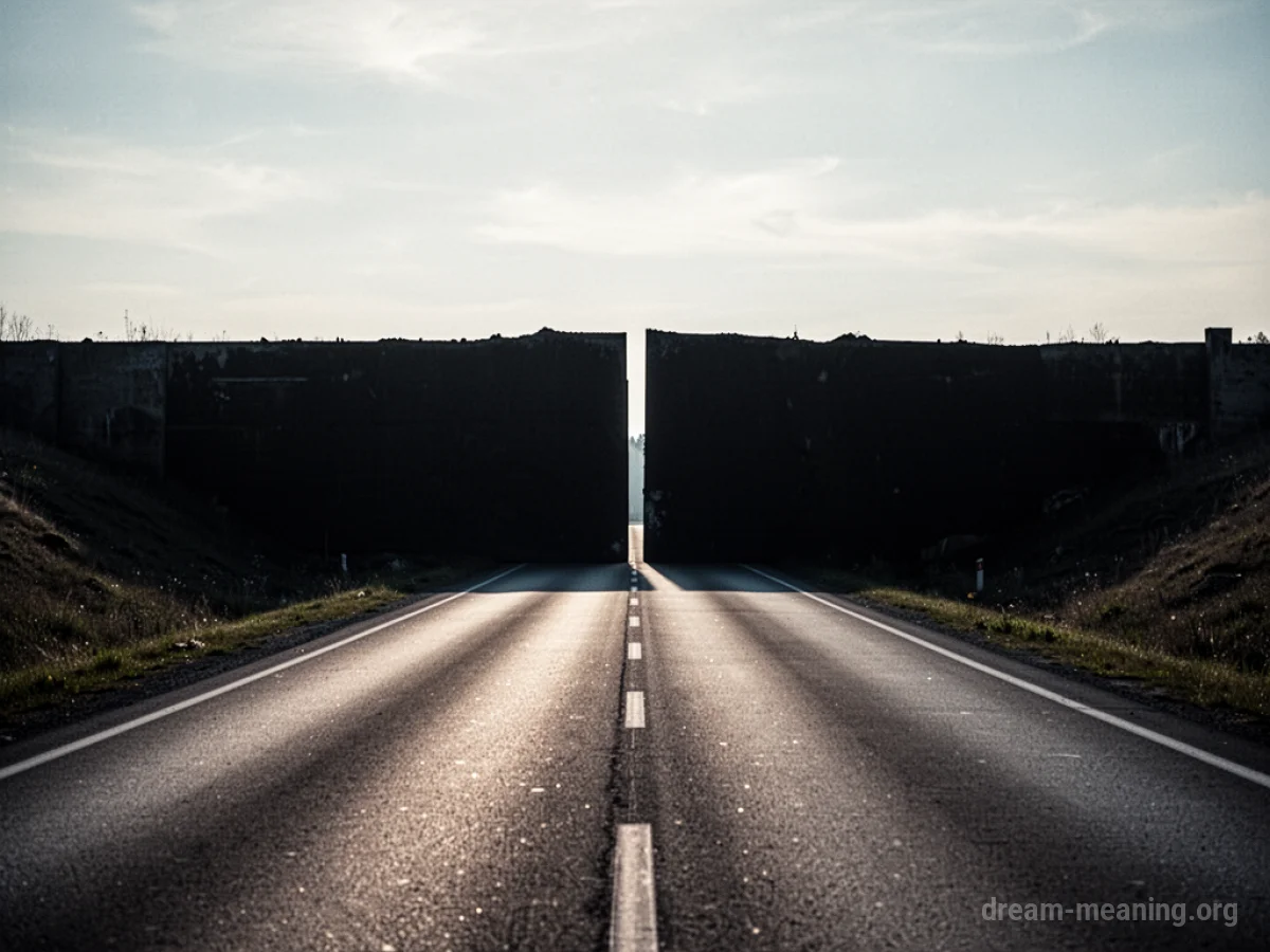 An empty road leading towards a large, dark barrier.