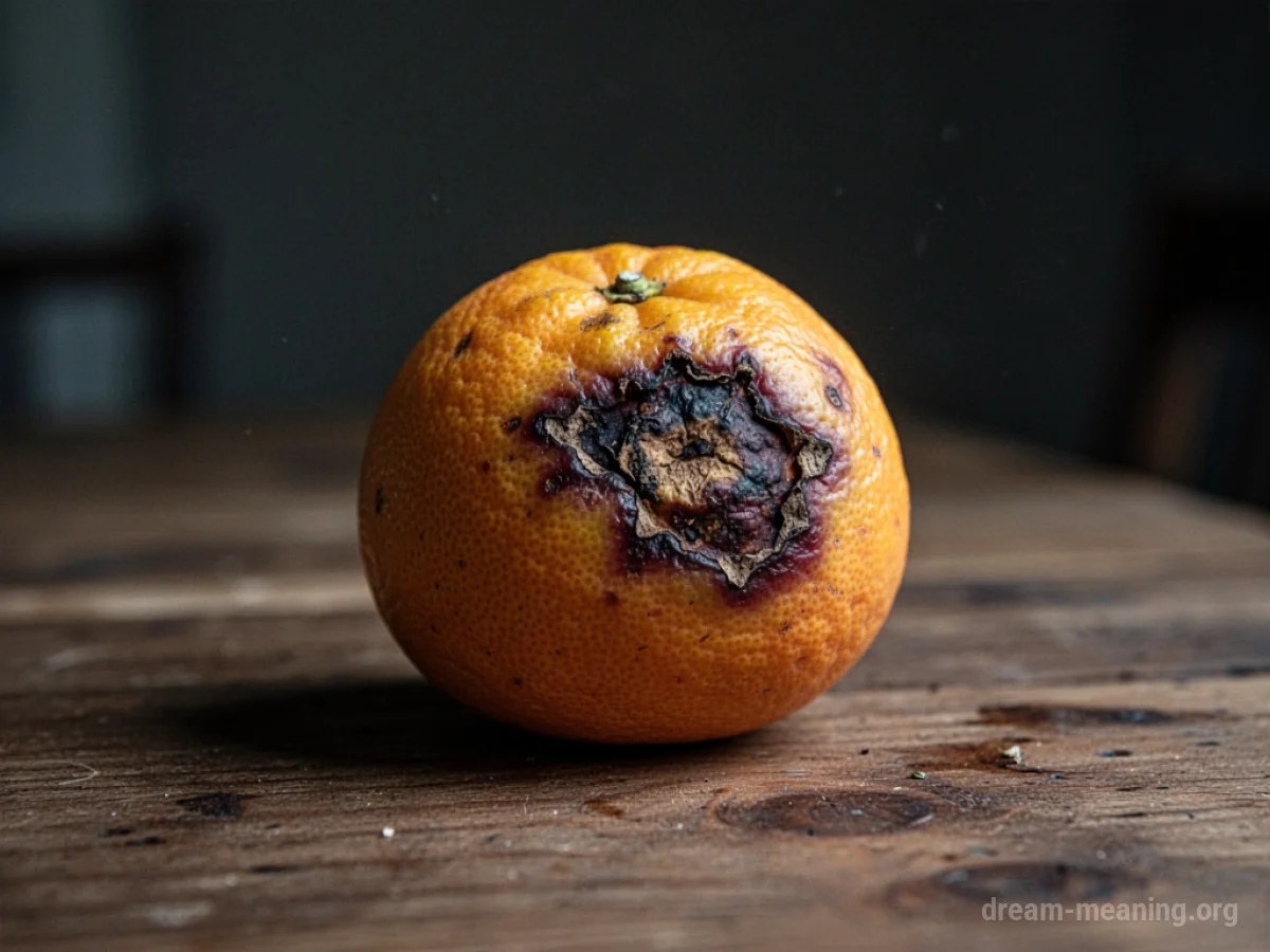 A single rotten orange on a wooden surface.