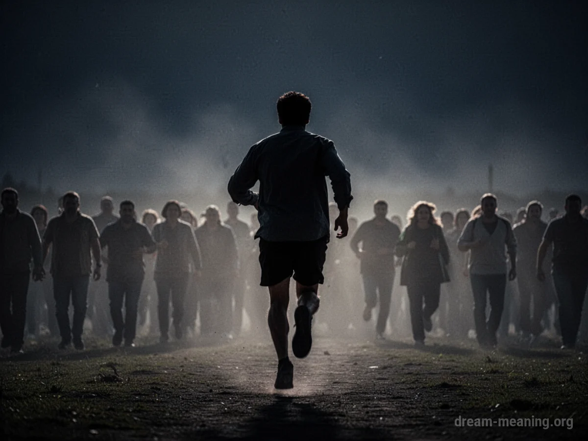 Silhouette of a person running away from a blurred group of figures under a dark sky.