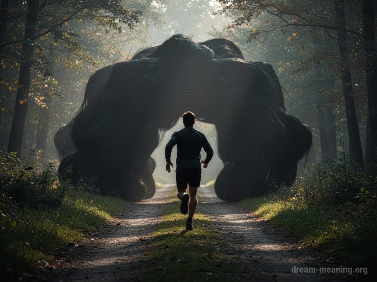 Silhouette of a person running towards a dark, imposing shape on a path.