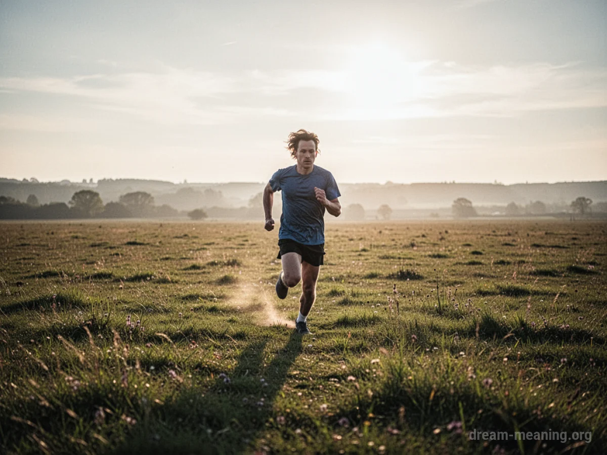 A person running across a wide, grassy field under a bright sky.