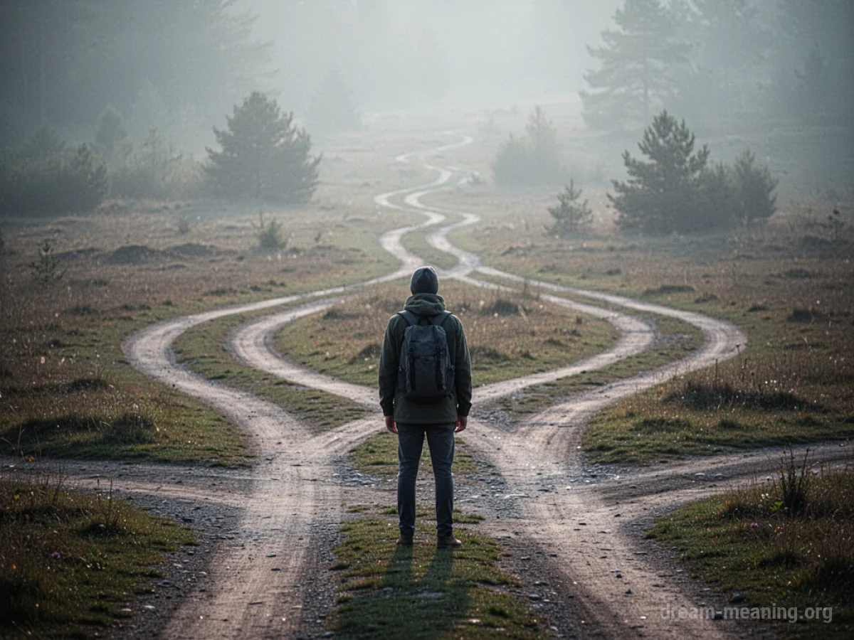 A person at a crossroads with several paths ahead.