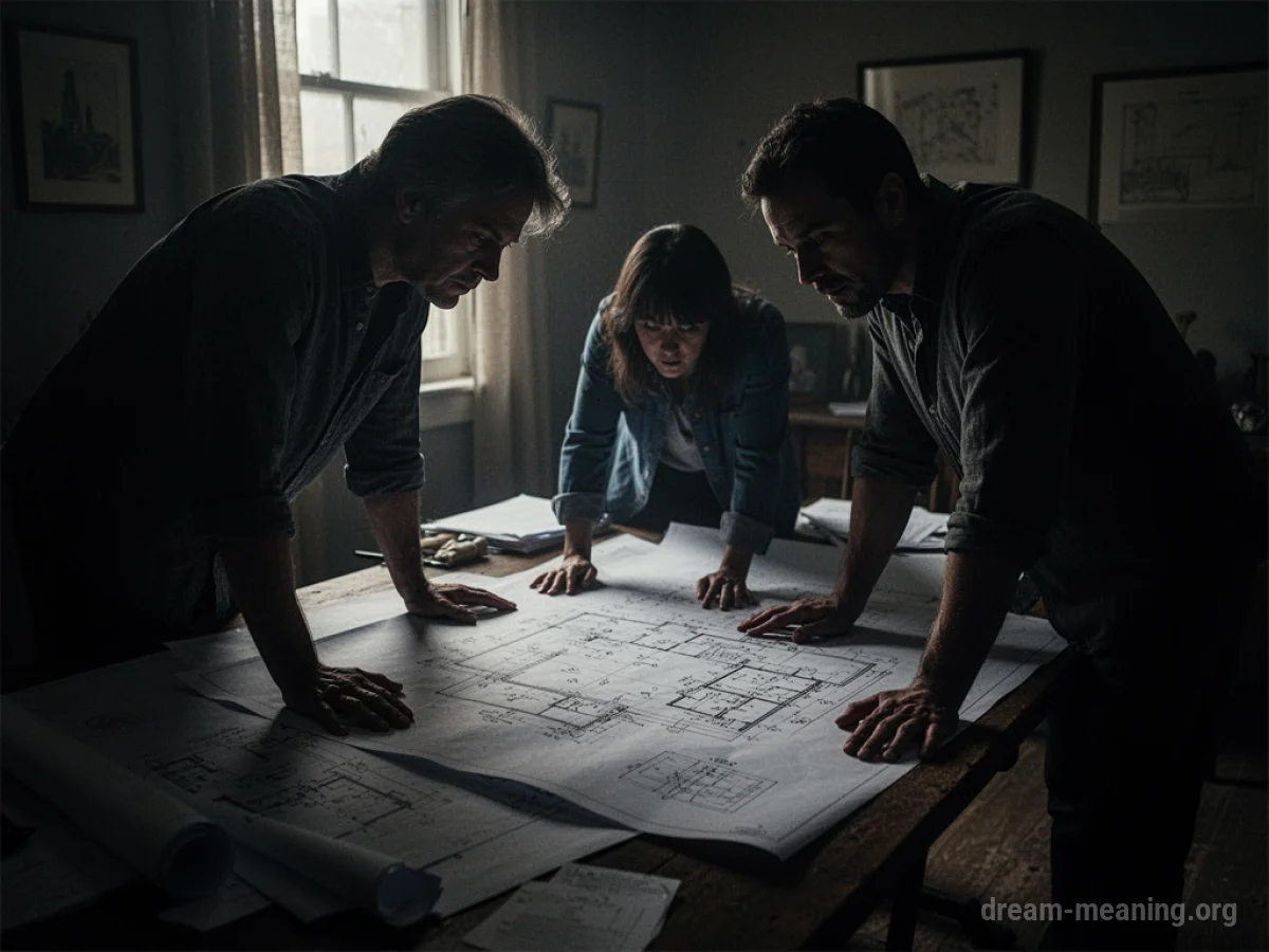Two silhouetted figures examining blueprints in a dimly lit room.