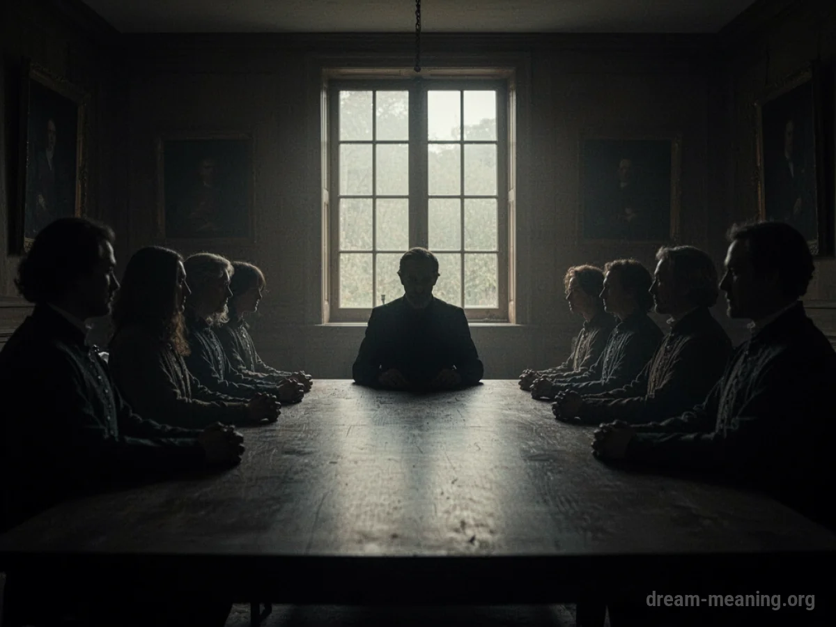 Silhouettes of people around a large table in a dark room.