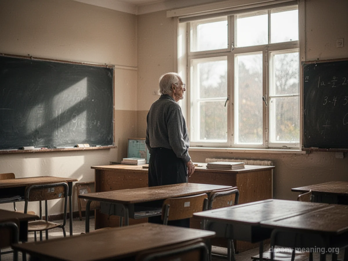 An elderly teacher stands alone in a bright, empty classroom.