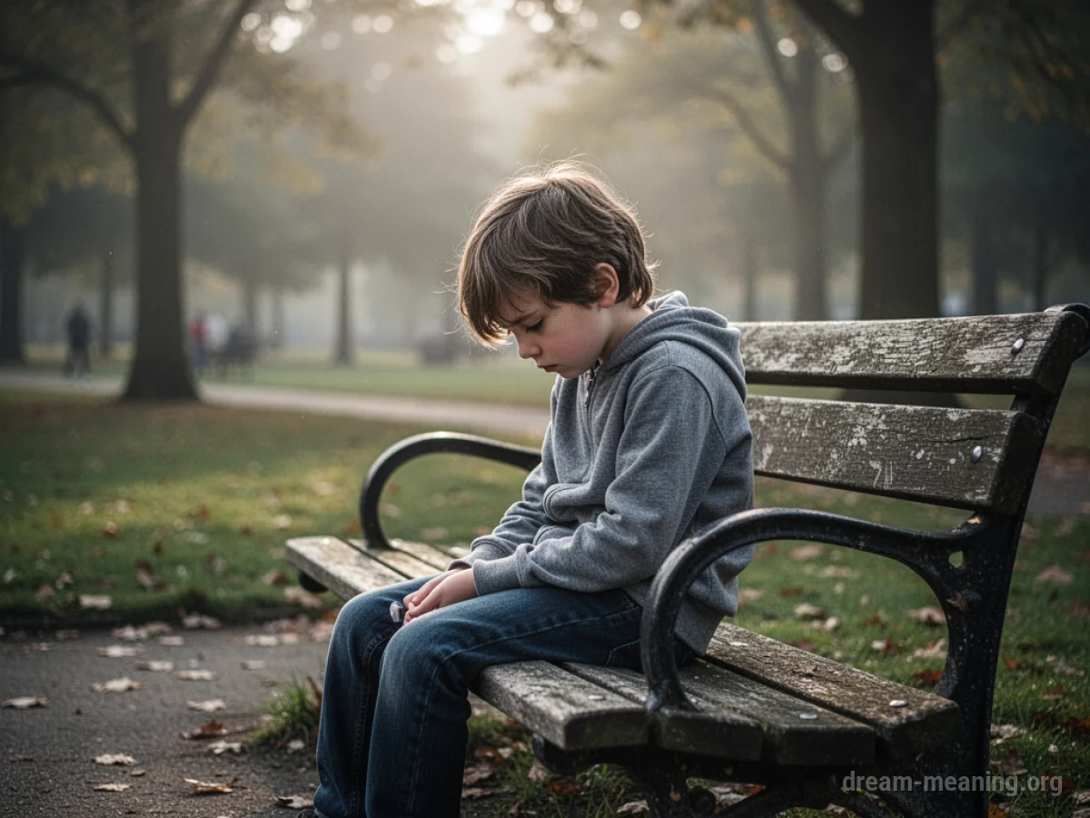 A single child sits alone on a park bench, head bowed.
