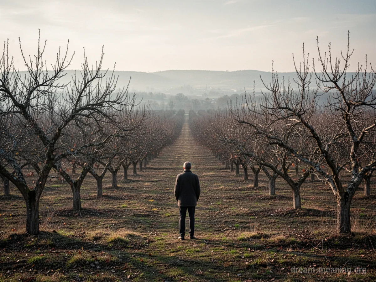 A person stands at the edge of a barren orchard, facing away from the viewer towards a misty horizon.